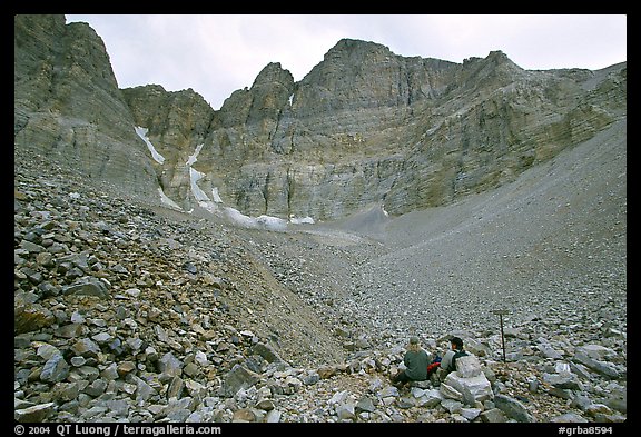 Hikers at the base of the North Face of Wheeler Peak. Great Basin National Park, Nevada, USA.