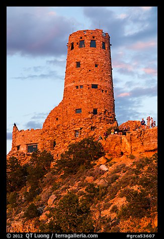 Desert watchtower with tourists at sunset. Grand Canyon National Park, Arizona, USA.