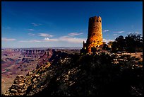 Desert View Watchtower and moonlit canyon. Grand Canyon National Park, Arizona, USA.