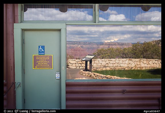 South Rim, Bright Angel lodge window reflexion. Grand Canyon National Park, Arizona, USA.