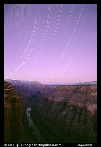 Star trails and narrow gorge of  Colorado River at Toroweap. Grand Canyon National Park, Arizona, USA.