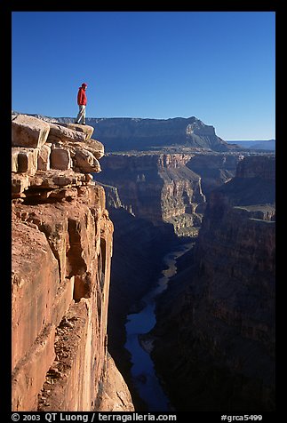 Man standing at  edge of  Grand Canyon at Toroweap, early morning. Grand Canyon National Park, Arizona, USA.
