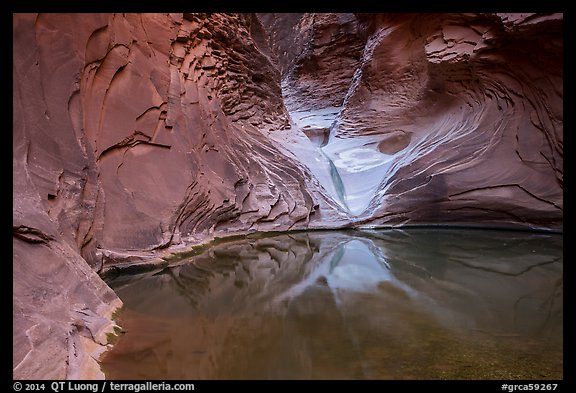 Reflection pool at base of sculpted spillway, North Canyon. Grand Canyon National Park, Arizona, USA.