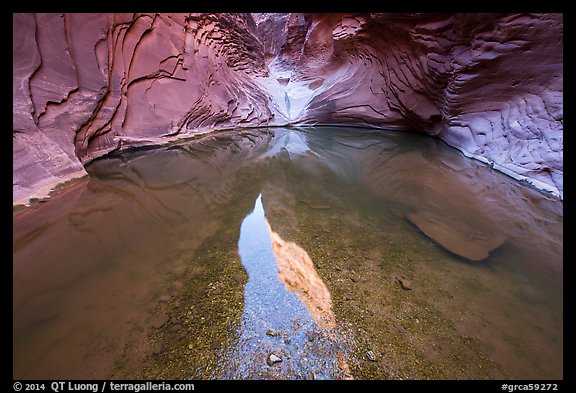 Sky and canyon walls reflected below spillway, North Canyon. Grand Canyon National Park, Arizona, USA.