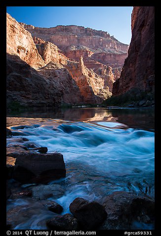 Rapids, reflections, and cliffs, early morning, Marble Canyon. Grand Canyon National Park (color)