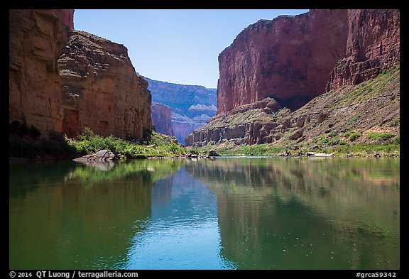 Canyon walls, Colorado River, vegetation, and reflections. Grand Canyon National Park (color)