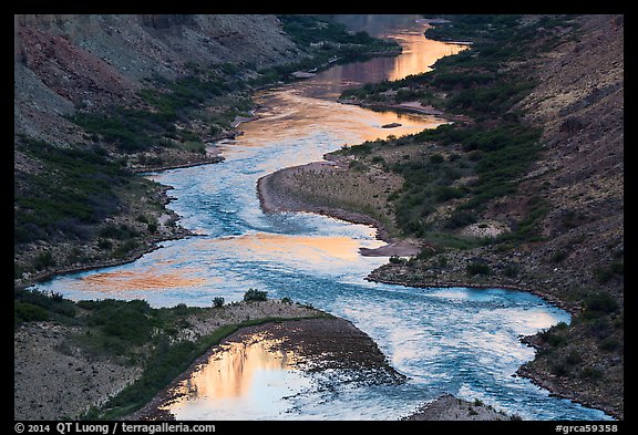 Cliffs reflected on the meanders of the Colorado River, Nankoweap. Grand Canyon National Park, Arizona, USA.