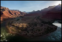 Sunburst on rim above Unkar rapids river bend. Grand Canyon National Park ( color)