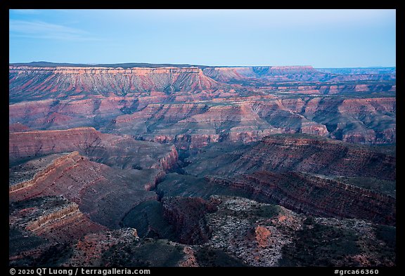 Surprise Canyon and rim at dusk from Twin Point. Grand Canyon National Park, Arizona, USA.