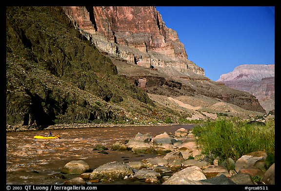 Colorado River with raft. Grand Canyon National Park, Arizona, USA.