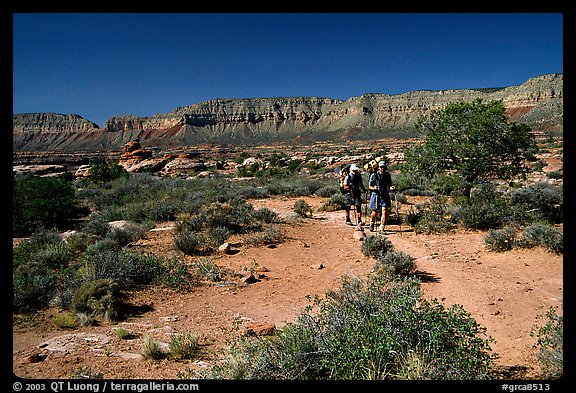 Backpackers on  Esplanade, Thunder River and Deer Creek trail. Grand Canyon National Park, Arizona, USA.