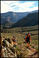 Backpackers in Surprise Valley, Thunder River and Deer Creek trail. Grand Canyon National Park, Arizona, USA. (color)