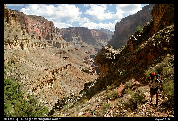 Backpacker on trail above Tapeats Creek. Grand Canyon National Park (color)