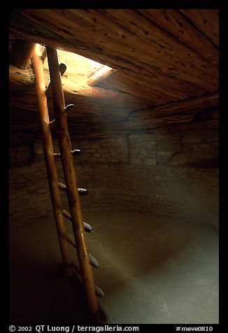 Ladder through a smoke hole in Spruce Tree house. Mesa Verde National Park, Colorado, USA.