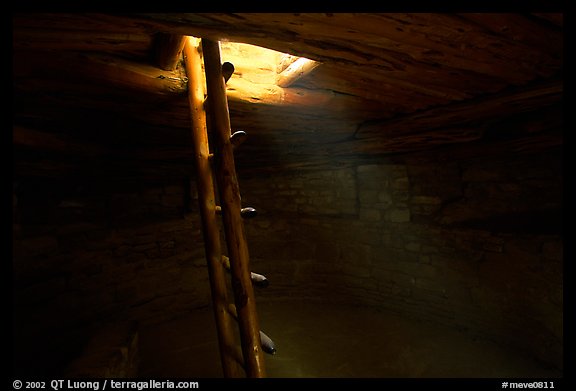 Ladder through a smoke hole in Spruce Tree house. Mesa Verde National Park (color)
