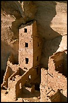 Square Tower house, tallest ruin in Mesa Verde, late afternoon. Mesa Verde National Park, Colorado, USA. (color)