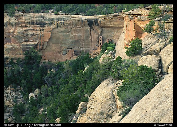 Square Tower house at the base of Long Mesa cliffs. Mesa Verde National Park (color)