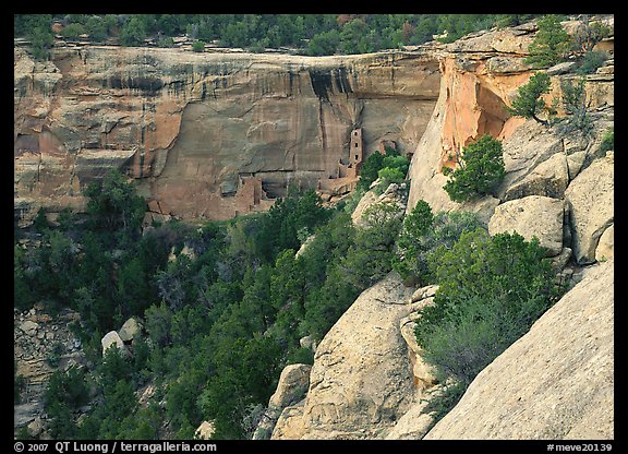 Square Tower house at  base of Long Mesa cliffs. Mesa Verde National Park, Colorado, USA.