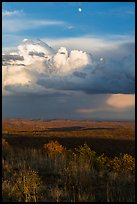 Moon, thunderstorm cloud over mesas at sunset. Mesa Verde National Park, Colorado, USA. (color)
