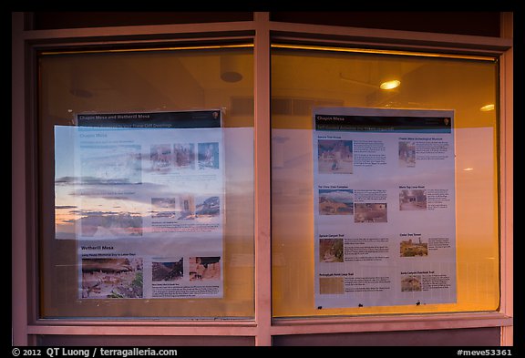 Sunset and attractions listings, Far View visitor center window reflexion. Mesa Verde National Park, Colorado, USA.