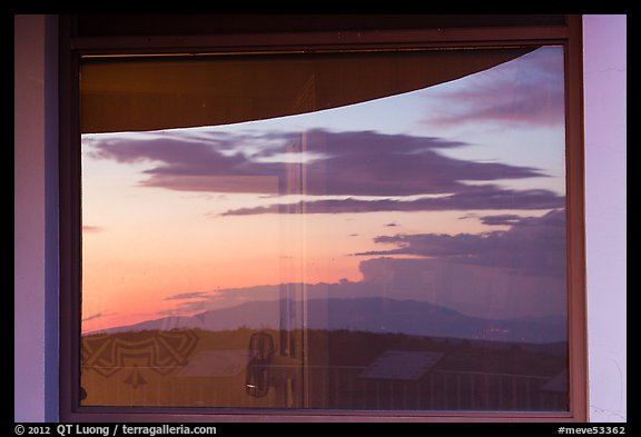 Mesa at sunset, Far View visitor center window reflexion. Mesa Verde National Park, Colorado, USA.