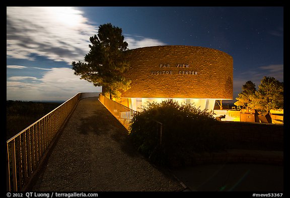 Far View visitor center entrance by moonlight. Mesa Verde National Park, Colorado, USA.