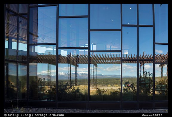 Mancos Valley with Park Point, Visitor and Research Center  window reflexion. Mesa Verde National Park (color)