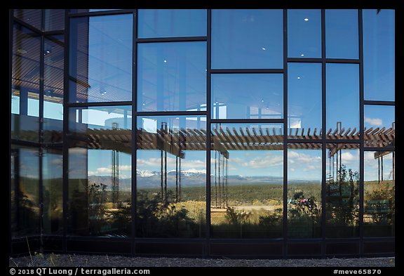 Mancos Valley with Park Point, Visitor and Research Center  window reflexion. Mesa Verde National Park, Colorado, USA.