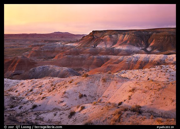 Badlands at sunset, Painted Desert. Petrified Forest National Park, Arizona, USA.