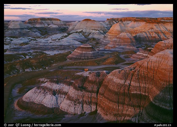 Blue Mesa basin at sunset. Petrified Forest National Park, Arizona, USA.