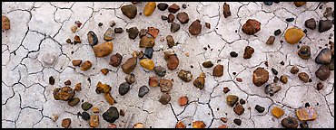 Dried mud cracks and multi-colored stones. Petrified Forest National Park (Panoramic color)