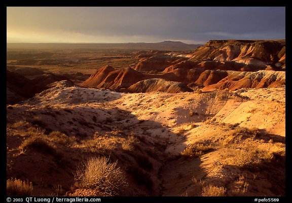 Badlands of  Chinle Formation seen from Whipple Point, stormy sunset. Petrified Forest National Park (color)