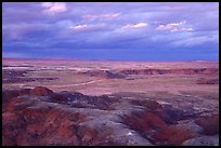 Painted desert seen from Chinde Point, dusk. Petrified Forest National Park, Arizona, USA.