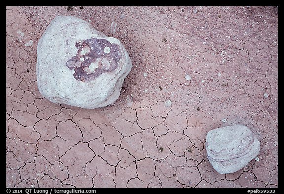 Ground view with concretions and red cracked mud. Petrified Forest National Park, Arizona, USA.