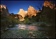 Virgin River and Court of the Patriarchs at sunrise. Zion National Park, Utah, USA.