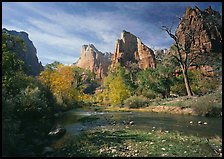 Court of the Patriarchs, Virgin River, and trees in fall color. Zion National Park, Utah, USA. (color)