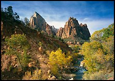 Court of the Patriarchs and Virgin River, afternoon. Zion National Park, Utah, USA.