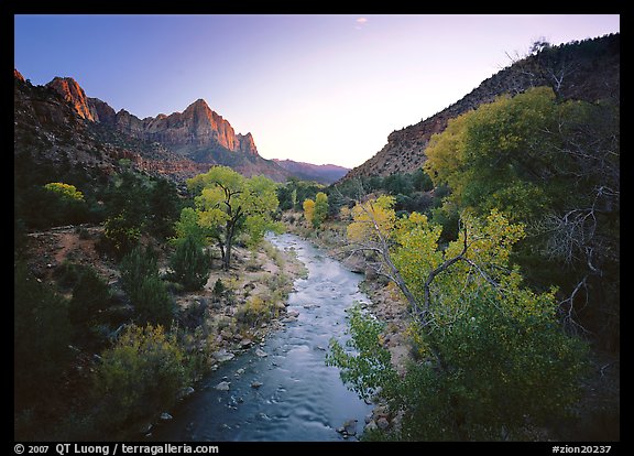 Virgin River and Watchman catching last sunrays of the day. Zion National Park, Utah, USA.