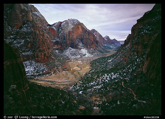 Zion Canyon from  West Rim Trail, stormy evening. Zion National Park, Utah, USA.