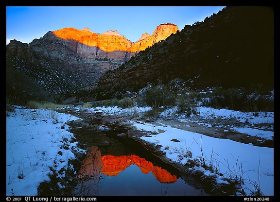 Snowy Pine Creek and Towers of the Virgin, sunrise. Zion National Park (color)