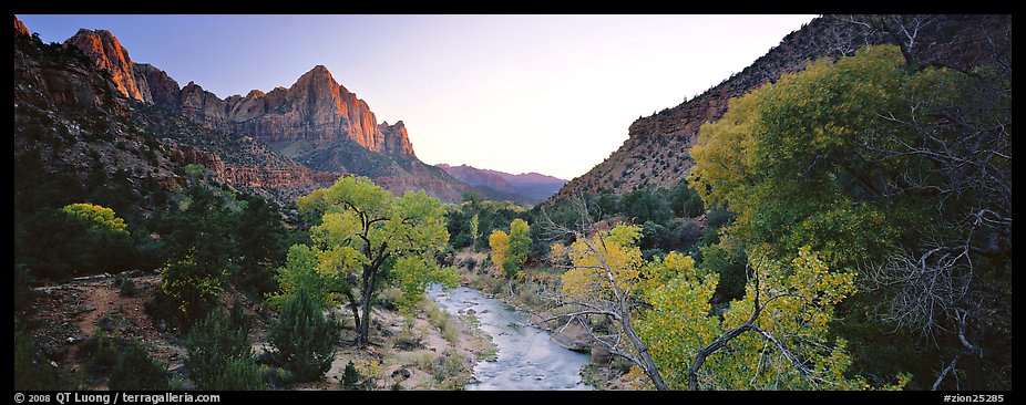 Virgin River, trees, and Watchman at sunset. Zion National Park (color)