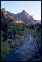 Virgin River and Watchman, sunset. Zion National Park, Utah, USA.