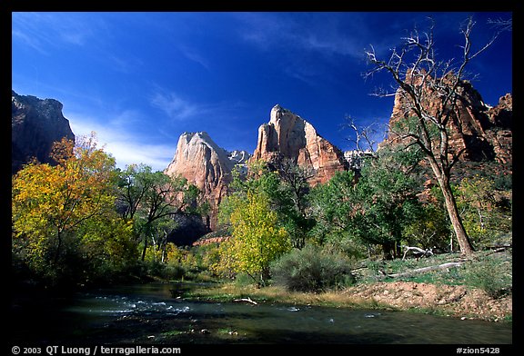 Court of the Patriarchs and Virgin River,  mid-day. Zion National Park, Utah, USA.