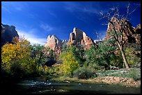 Court of the Patriarchs and Virgin River,  mid-day. Zion National Park, Utah, USA.