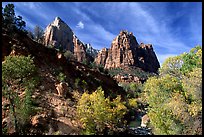 Court of the Patriarchs and Virgin River, afternoon. Zion National Park, Utah, USA.