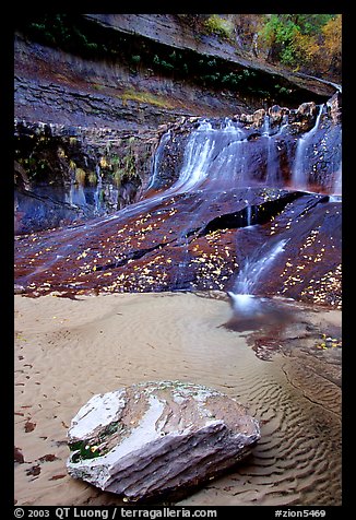 Cascade over smoothly sculptured rock, Left Fork of the North Creek. Zion National Park, Utah, USA.