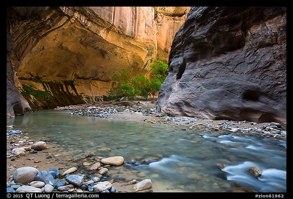 Virgin River and glowing alcove. Zion National Park (color)