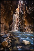 Virgin River flowing between soaring walls, the Narrows. Zion National Park ( color)