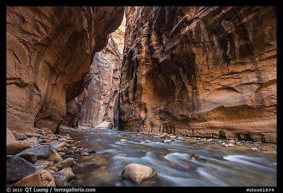 Virgin River flowing beneath tall walls, the Narrows. Zion National Park (color)
