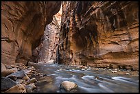 Virgin River flowing beneath tall walls, the Narrows. Zion National Park ( color)